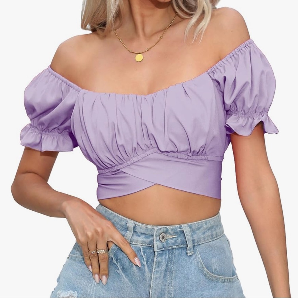 Lavender Off-Shoulder Crop Back Tie Criss Cross Top